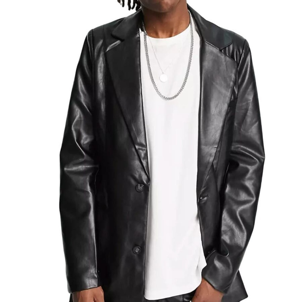 Reclaimed Vintage Inspried Leather Look Dad Fit Blazer in Black, Size 44R​​​​​​